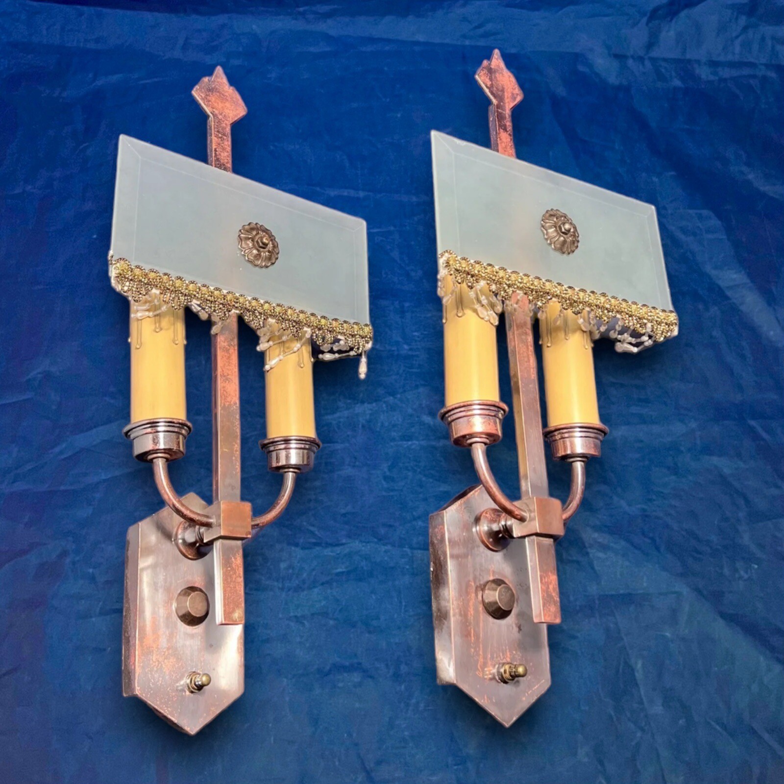 Pair RARE antique mission double candle wall sconces beveled glass shades 85B