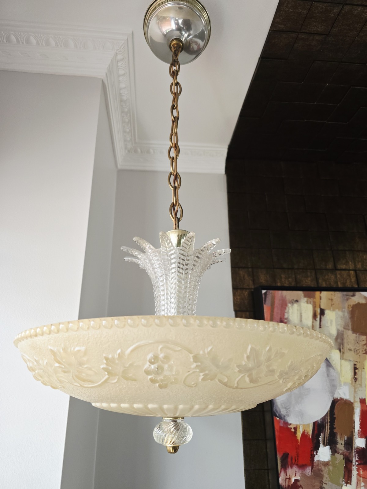 Antique Art Deco Lightolier Ceiling Light Fixture Chandelier Glass Pendant 1930s