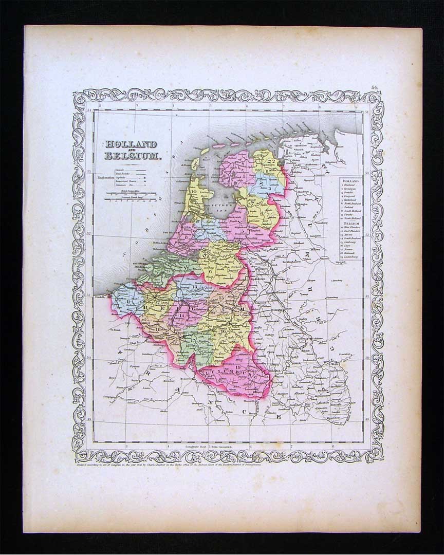 1857 Desilver Mitchell Map Holland Belgium Luxemburg Amsterdam Antwerp Brussels