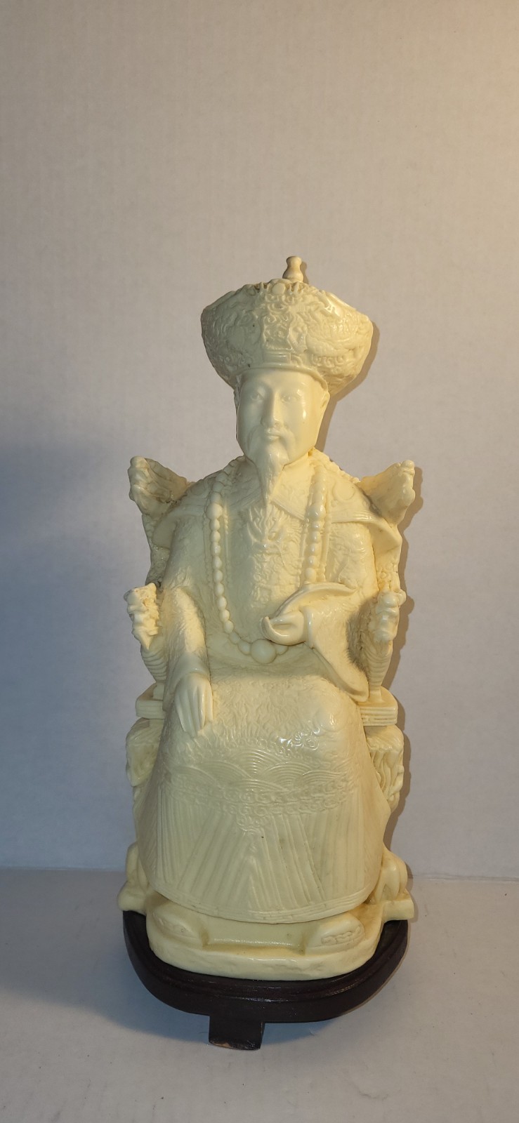 Vintage Chinese Emperor 12.5” Carved Resin Figure & Wood Base