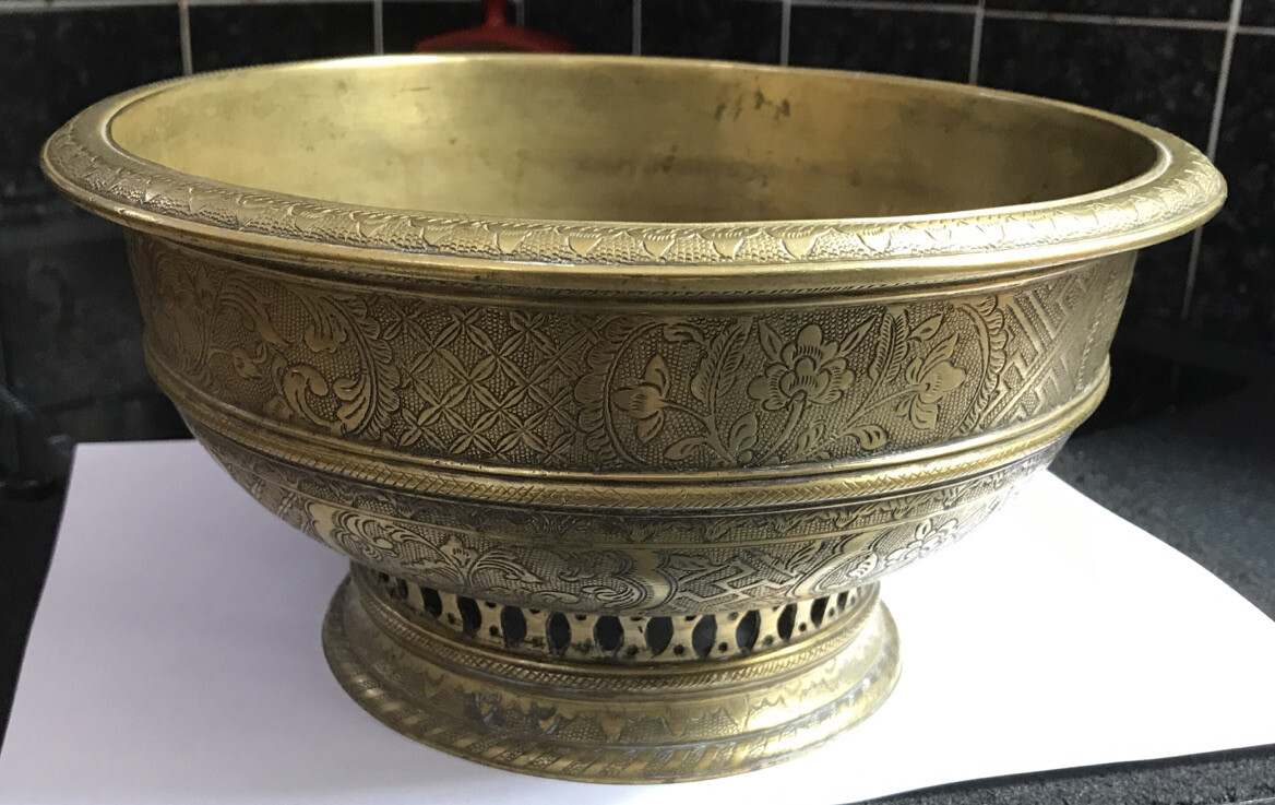 VINTAGE ANTIQUE SOLID HEAVY BRASS PEDESTAL ALTER TEMPLE BOWL CENSOR RELIGIOUS