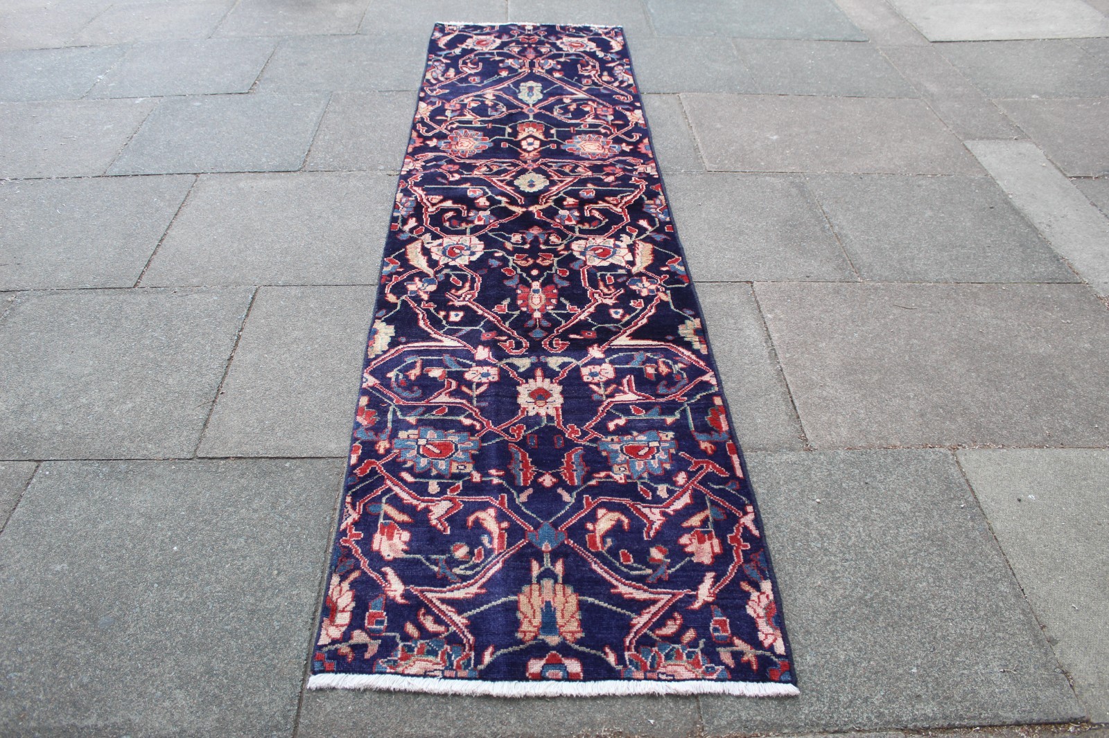 Vintage Fragment Hand Made Traditional Oriental Wool Blue Large Rug 298x76cm