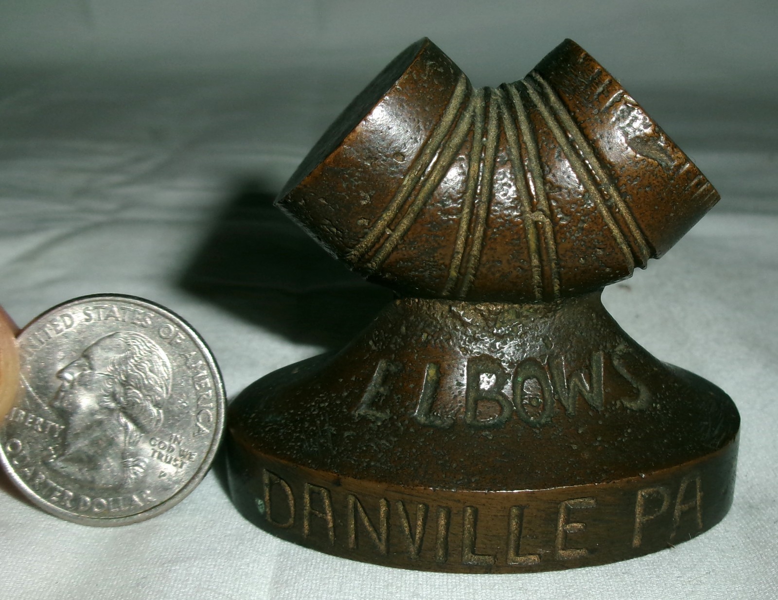 ANTIQUE ELBOWS DANVILLE PA METAL STAMPING CO BRONZE ADVERTISING PAPERWEIGHT TOOL