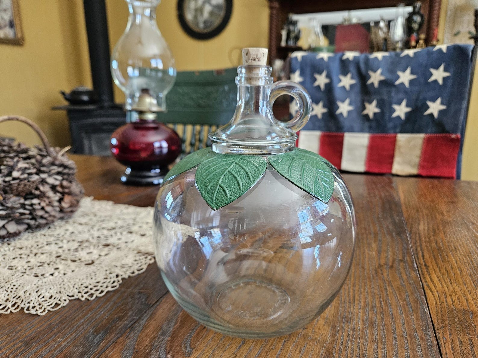 Antique Laird’s Apple Cider Jug with Green Leaves and Cork, 1/2 Gallon Rare