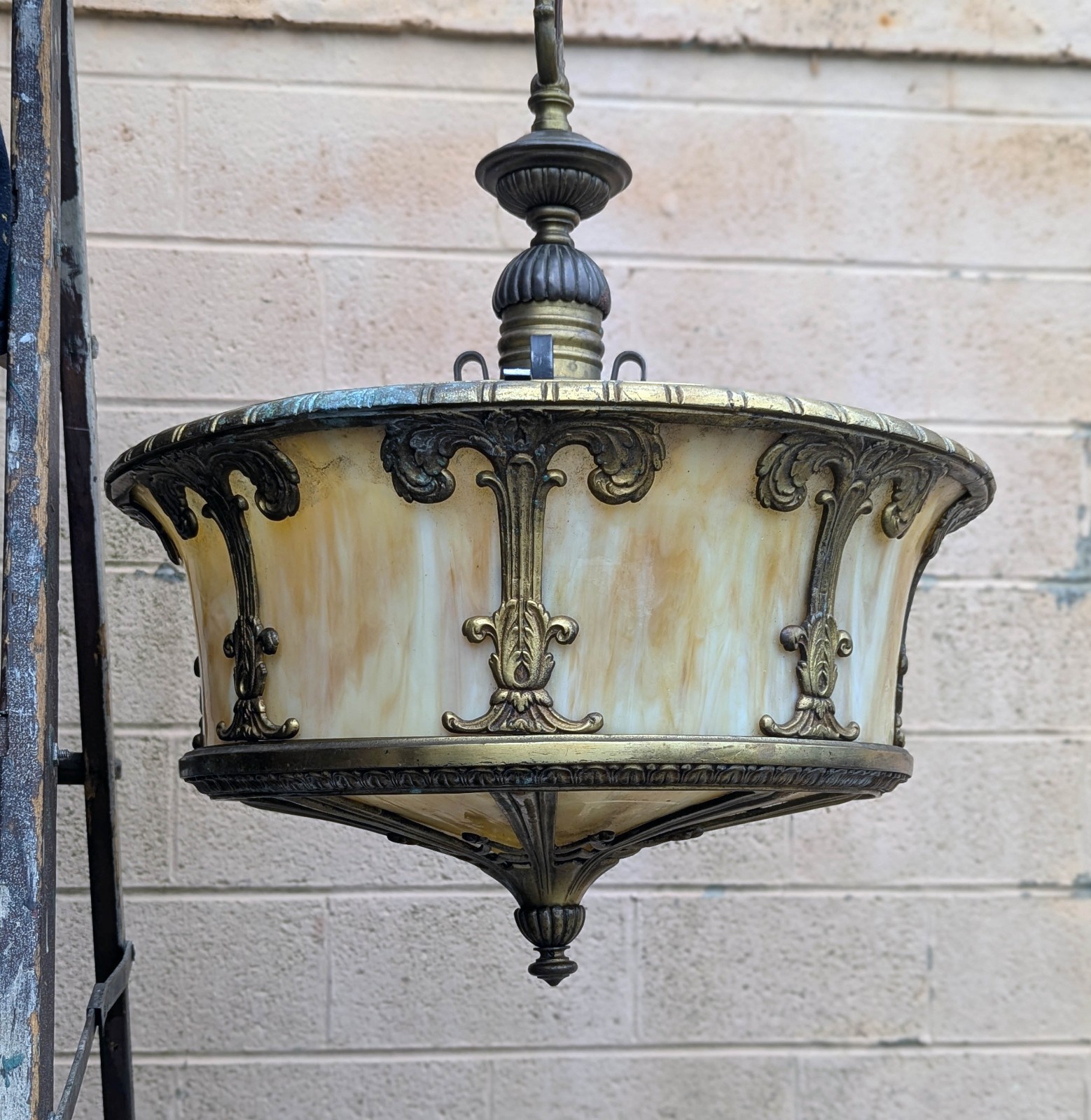 Antique Vintage Old Brass Stained Slag Glass Hanging Ceiling Light Lamp Fixture