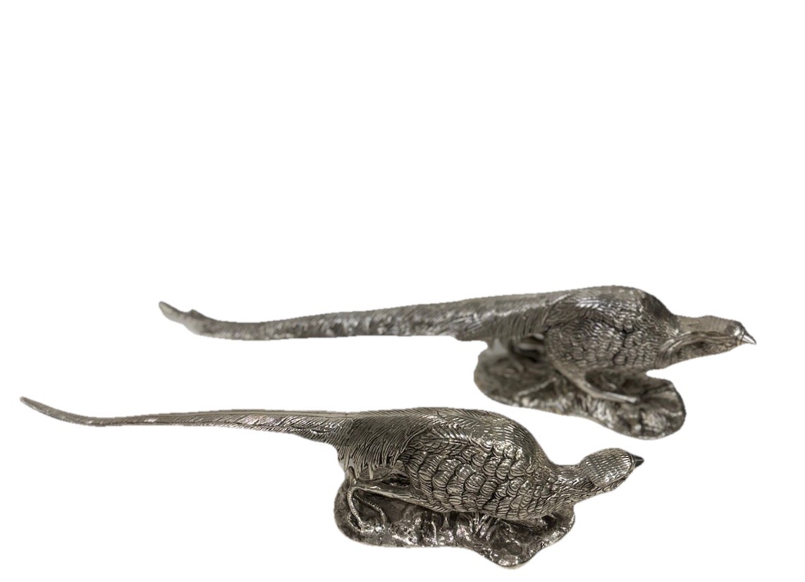 Pair Antique Victorian Silver Plated Bronze Pheasants Table Ornaments/Sculptures