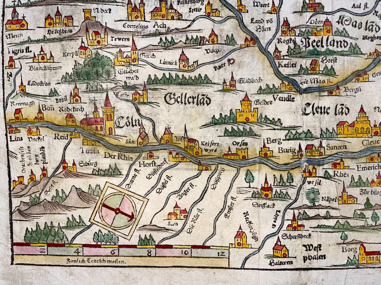 GERMANY LOW COUNTRIES 1578 SEBASTIAN MUNSTER LARGE ANTIQUE ENGRAVED MAP
