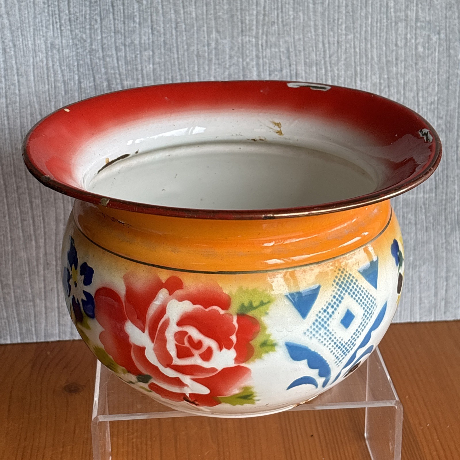 Vintage Enamel Floral Planter Pot Orange Blue Green Yellow Farmhouse Decor