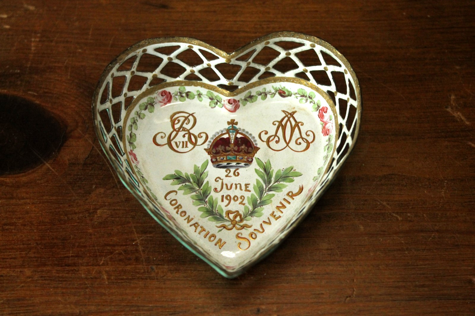 Antique Enamel Edward VII Coronation Heart Tray Edouard Dreyfous 1902 Souvenir
