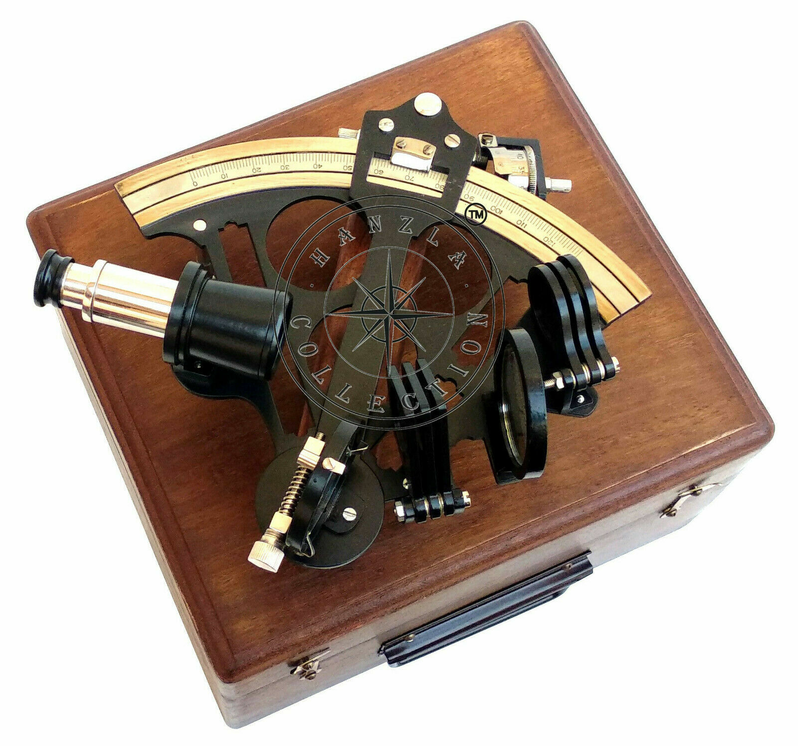 Nautical Collectible Working Sextant Wth Wood Box Marine Antique Brass Astrolabe