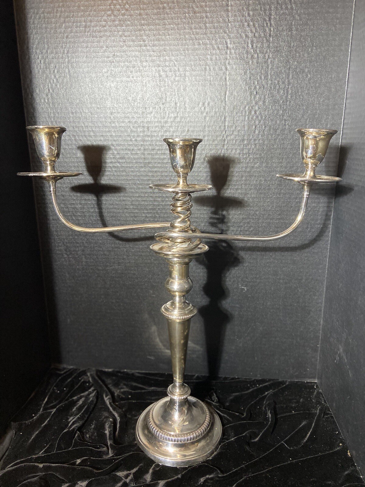 ANTIQUE CANDELABRA HIGH-QUALITY TWISTED ARM, THREE CANDLE SILVER PLATED TWO PART