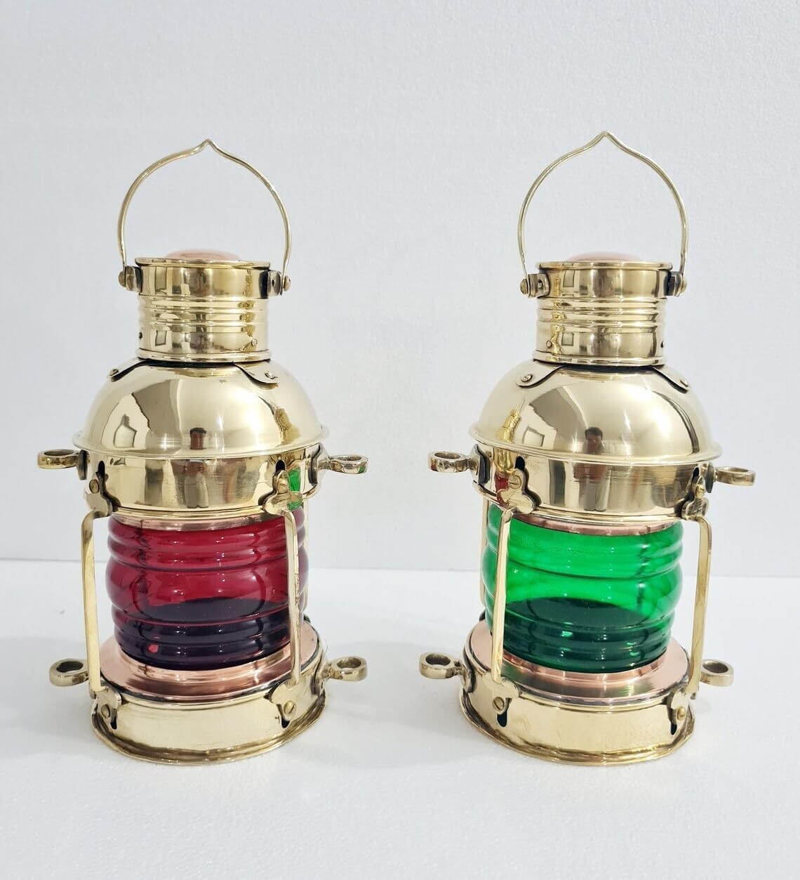 Vintage Shiny Brass Electric Red/Green Lamp Maritime Ship Lantern Set of 2
