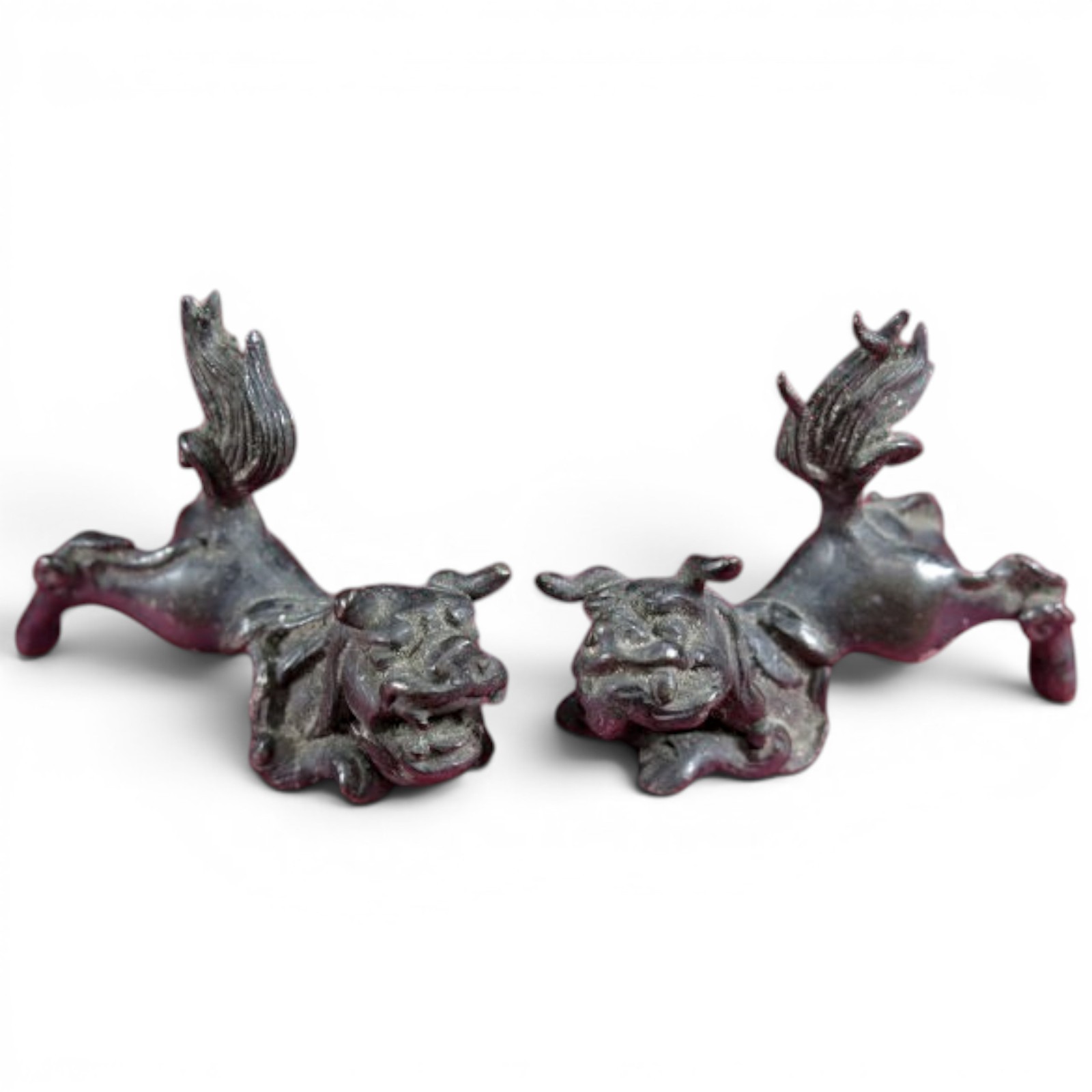 Antique Japanese Shishi Lion Bronze Statue Pair Edo 19th Century Figurine 1.9 in