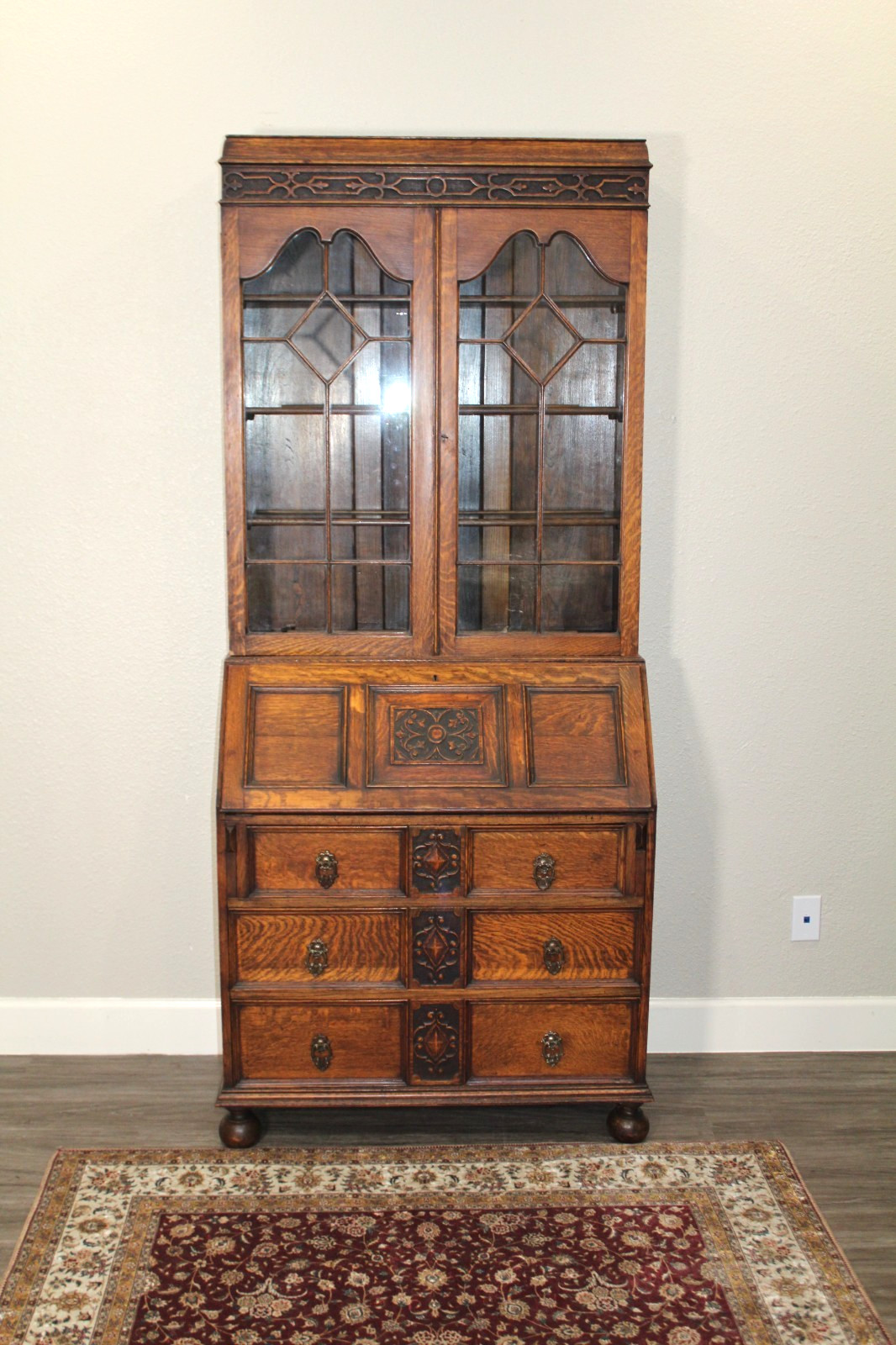 English Antique Jacobean Oak Lidded Glass Secretary Desk / Bookcase.