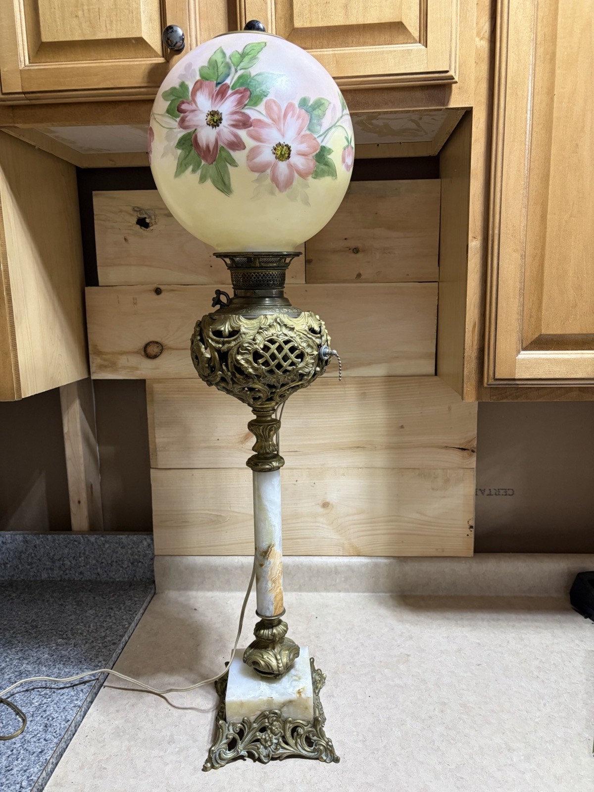 Antique B&H ? New Juno Marble Alabaster Parlor Table Lamp Electric 10” Shade
