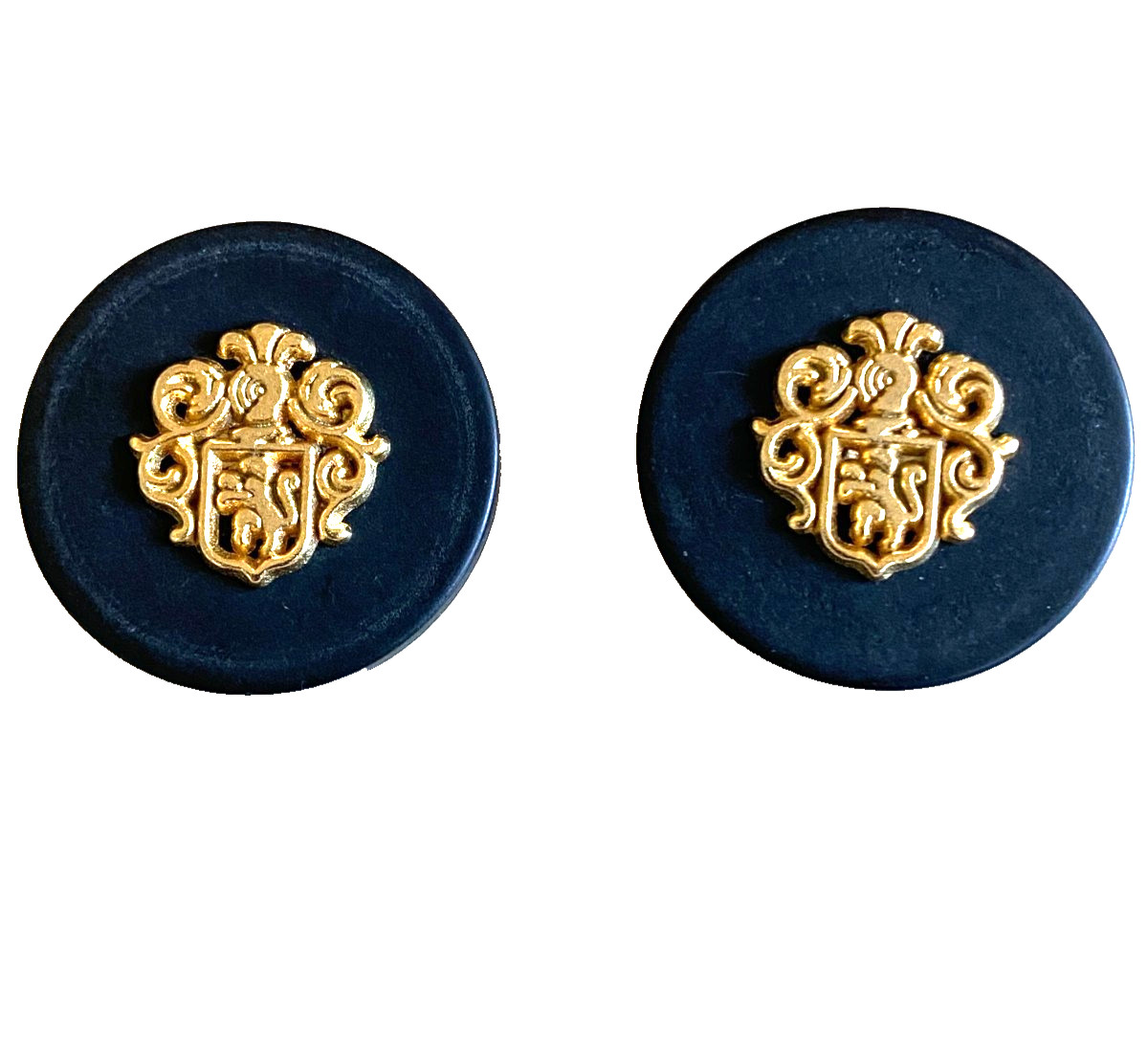 2 vintage black buttons with incredible gold detail of a knight and shield
