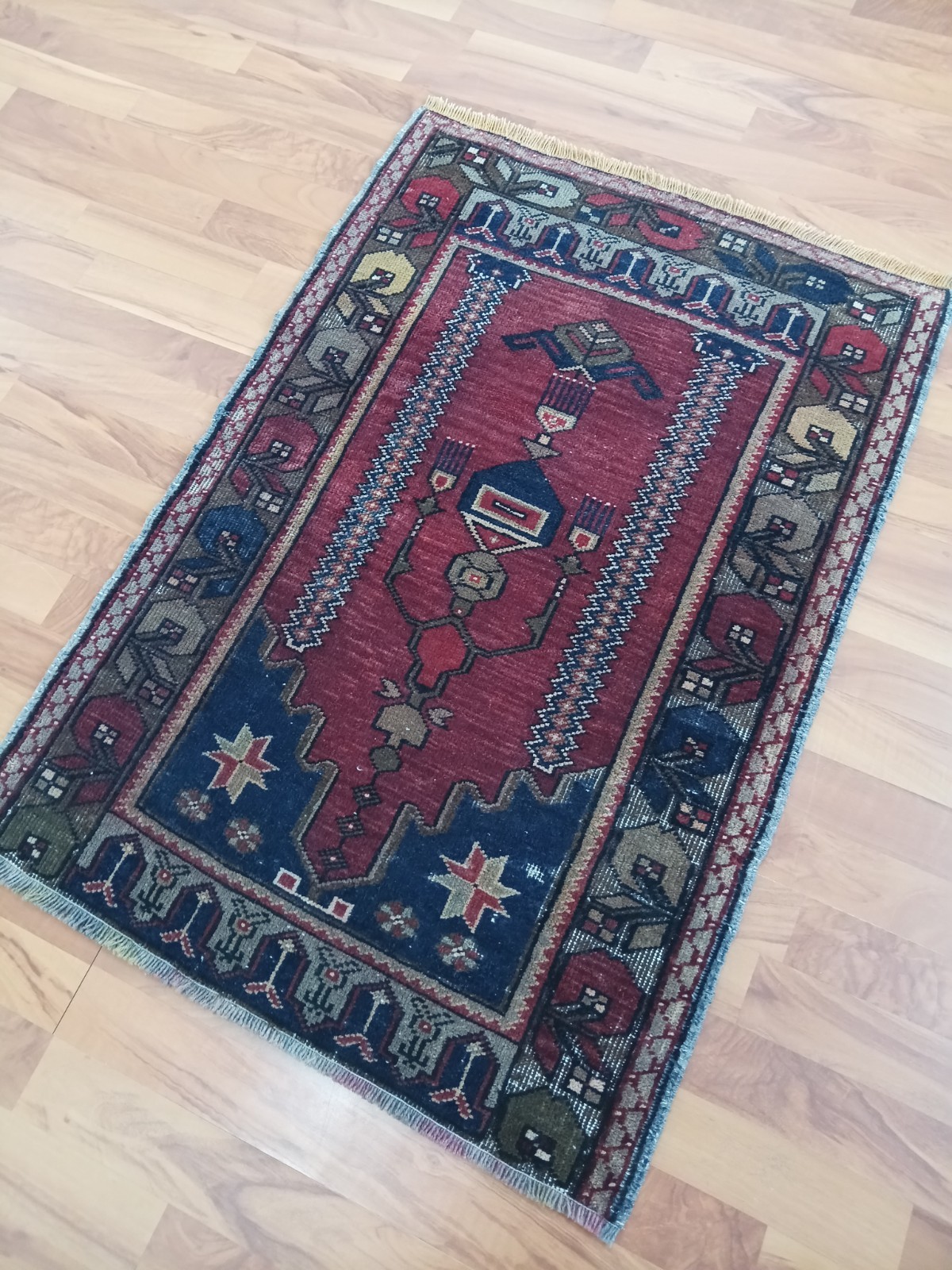 Antique Prayer Rug, Columnar Geometric Caucasian Rug, İnterior design rug