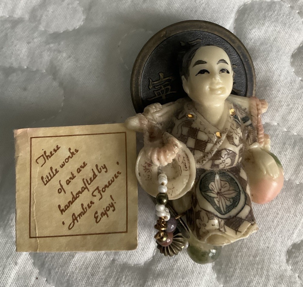 Coin Pin Resin Figure Chinese Netsuke 2”, Jasper Dangle, Amber Forever 14KGF
