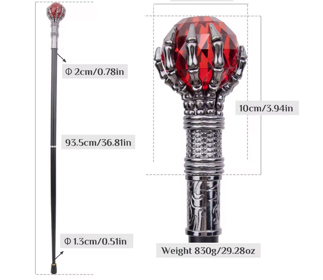 Steampunk Silver Clasp Red Artificial Ball Handle Cane/Walking Stick 93cm New