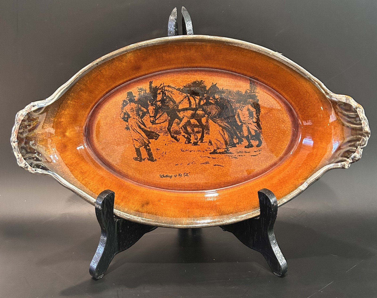 Antique Ridgways Coaching Days 11″ Oval Serving Dish Walking Up The Hill Silver