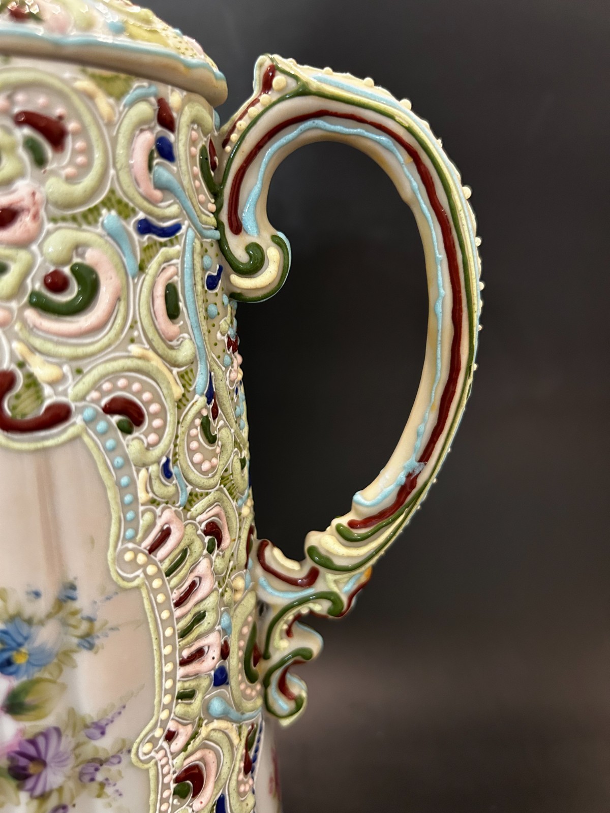 RARE Antique Nippon Jeweled Moriage Chocolate Pot FLUTED RIBBED Hand Painted 10″