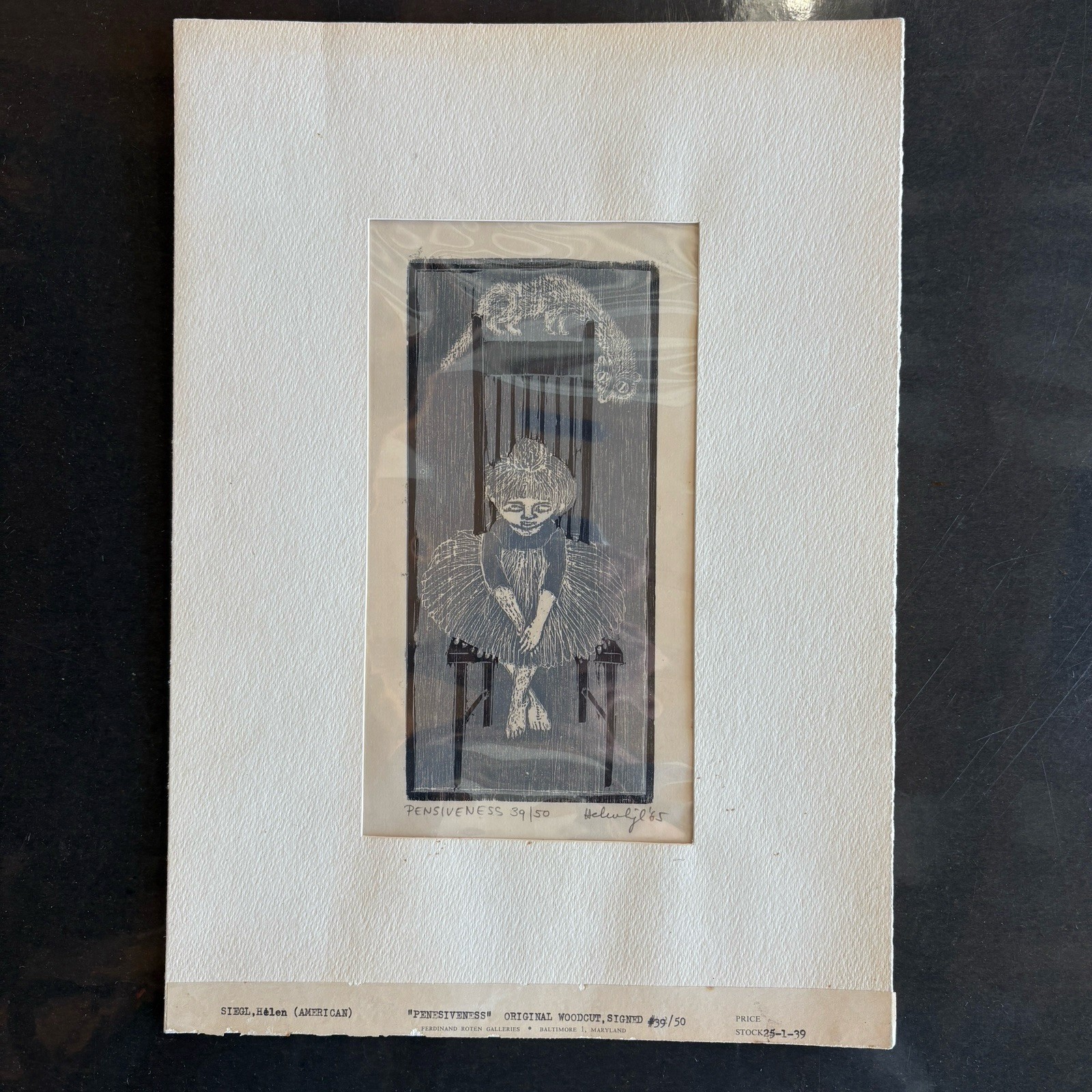 Vintage Helen K Siegl “Pensiveness” Woodcut Print Signed, Framed, Numbered 39/50