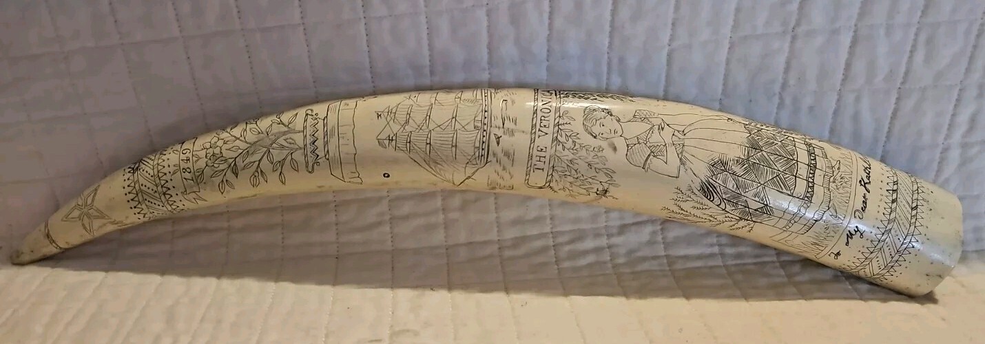 🔥 Scrimshaw Walrus Tusk Reproduction “The Veronica” 18 Inches