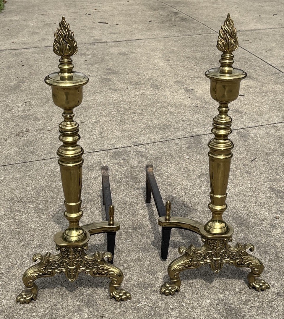 Vintage Hollywood Regency Neoclassical Solid Brass Flame Torch Andirons Set 24″H