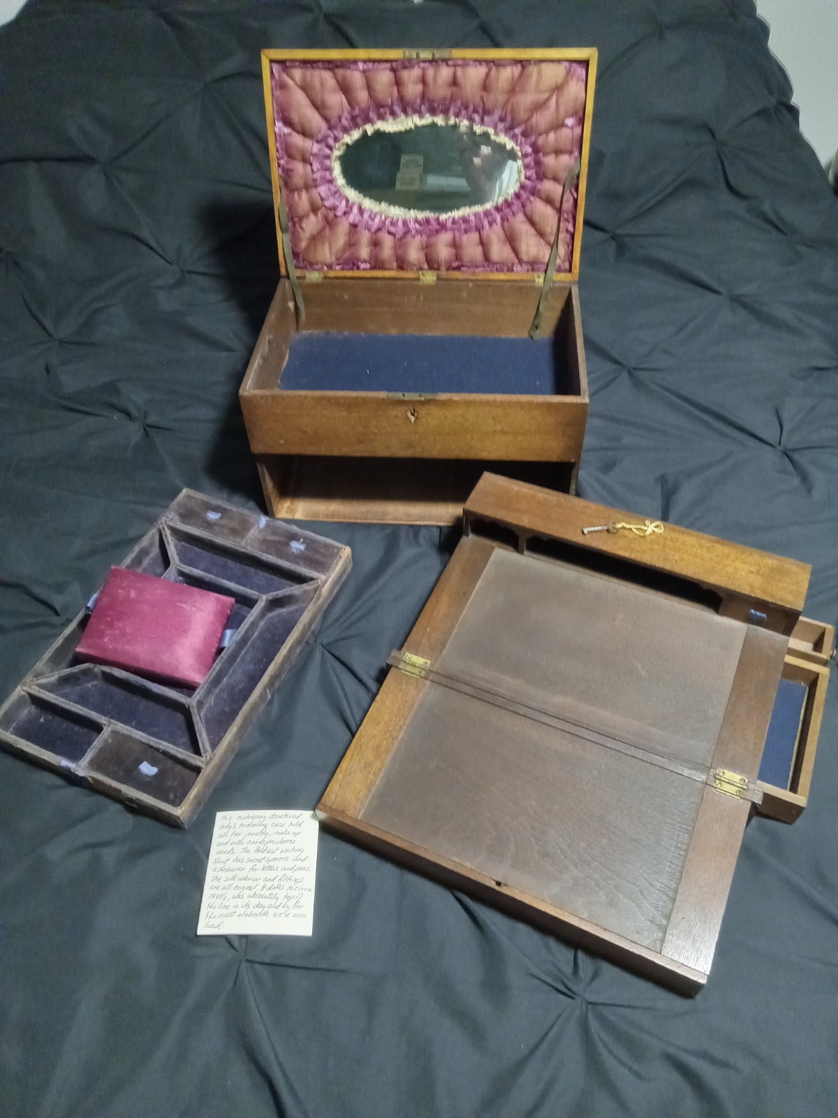 Antique Mahogany Wood English Ladies Writing & Jewelry Travel Case 1840s W/Key