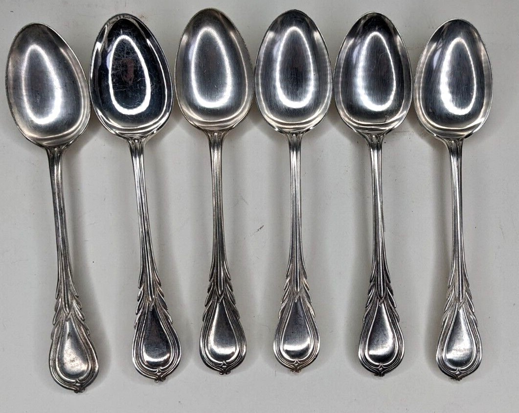 6 Lily Pattern Desert Spoons EPNS Silver Rare 1860-1880 Victorian Flatware 18cm