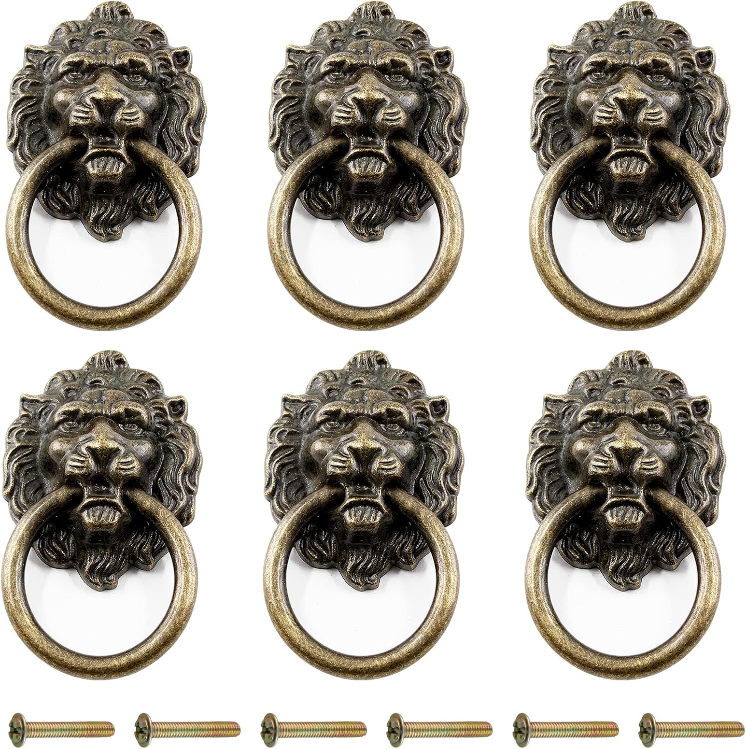 6 Pcs Lion Head Knobs Pull, Antique Bronze Ring Pull Handles for Dresser Draw…