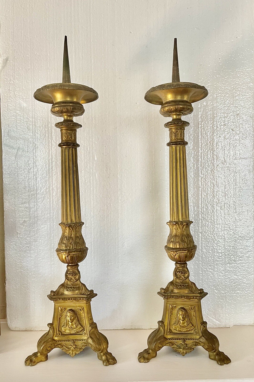 Antique 2 French Gilded Brass Altar Candlesticks Jesus ,St Peter ,St Mary 1800’s
