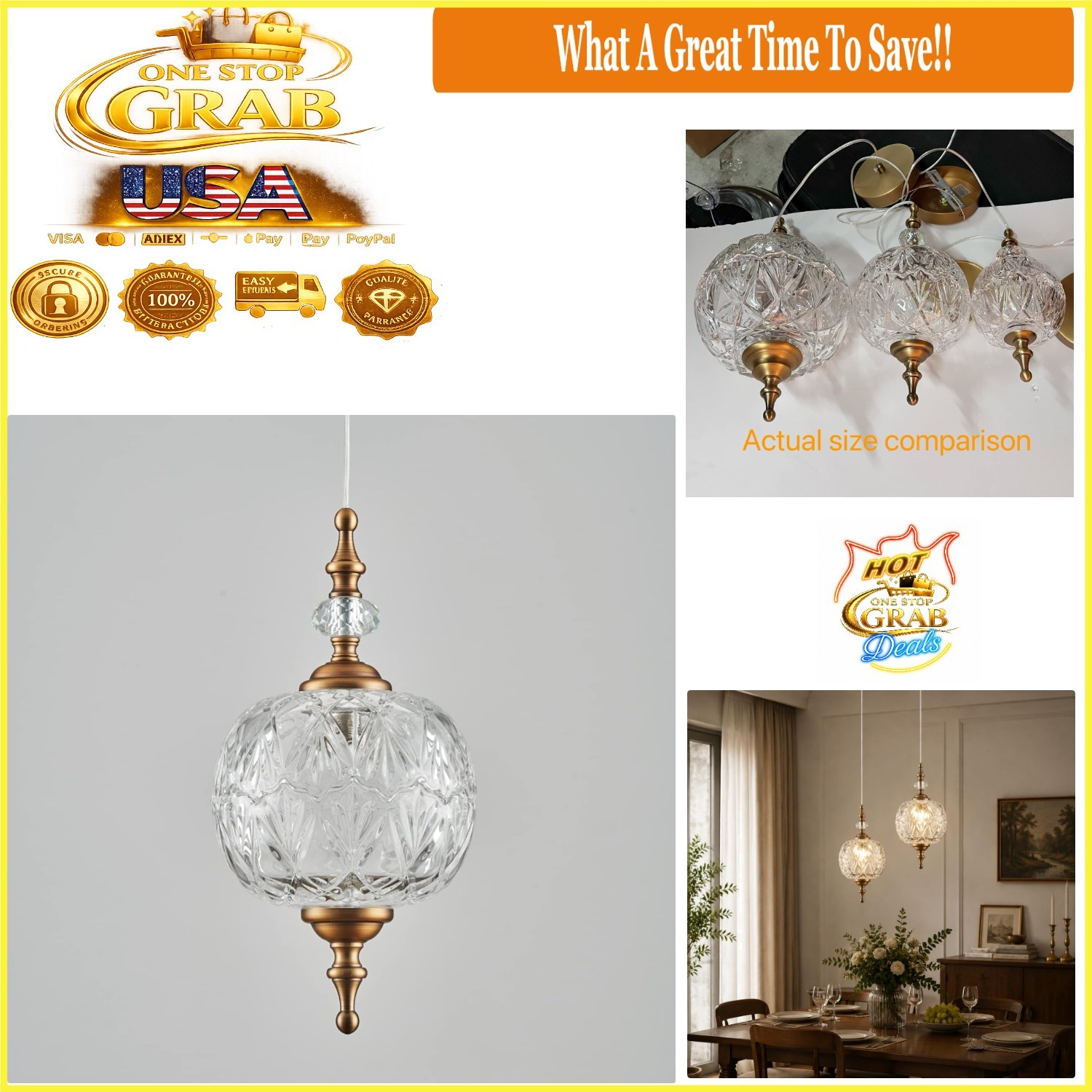Antique Brass Pendant Light Fixture Glass Kitchen Island Dining Room Hardwired