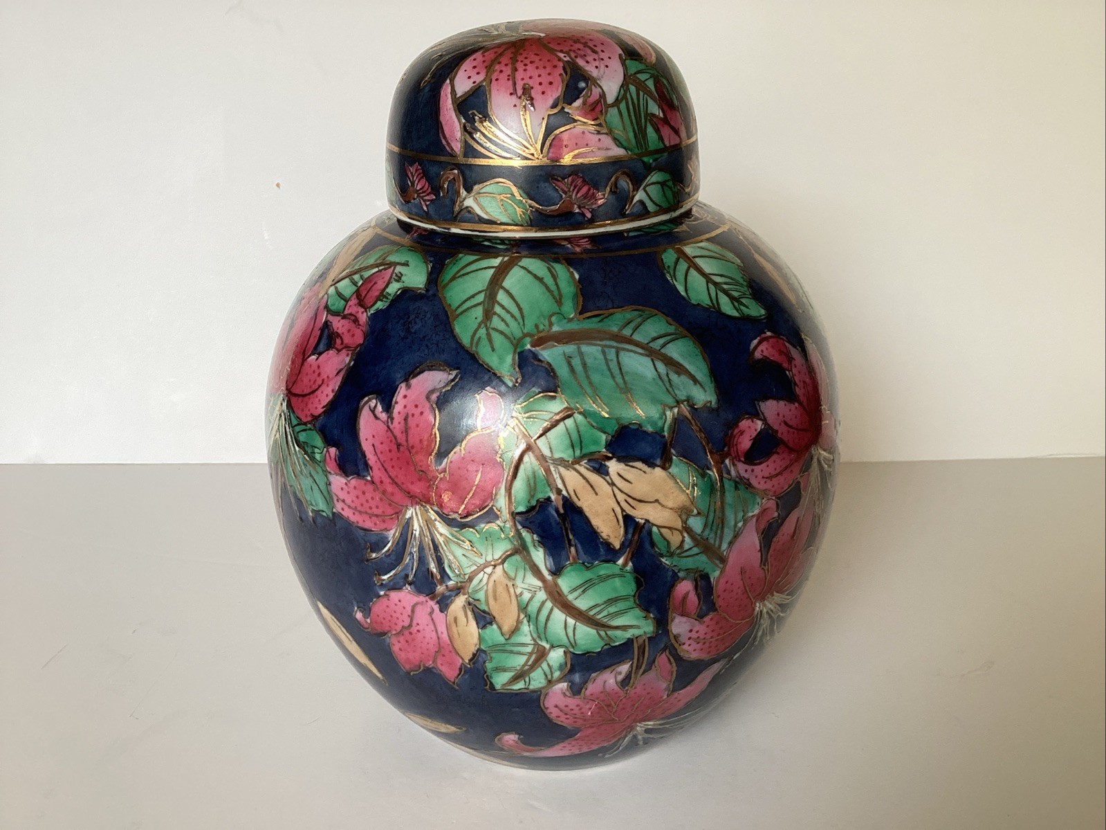 Vintage Chinese Cloisonné Ginger Jar & Lid 8.5” Cobalt Blue Pink Lily Floral