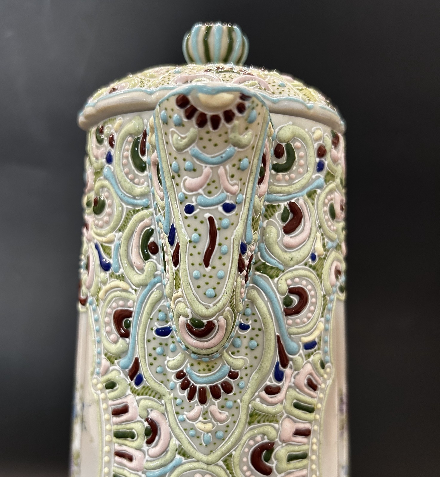 RARE Antique Nippon Jeweled Moriage Chocolate Pot FLUTED RIBBED Hand Painted 10″