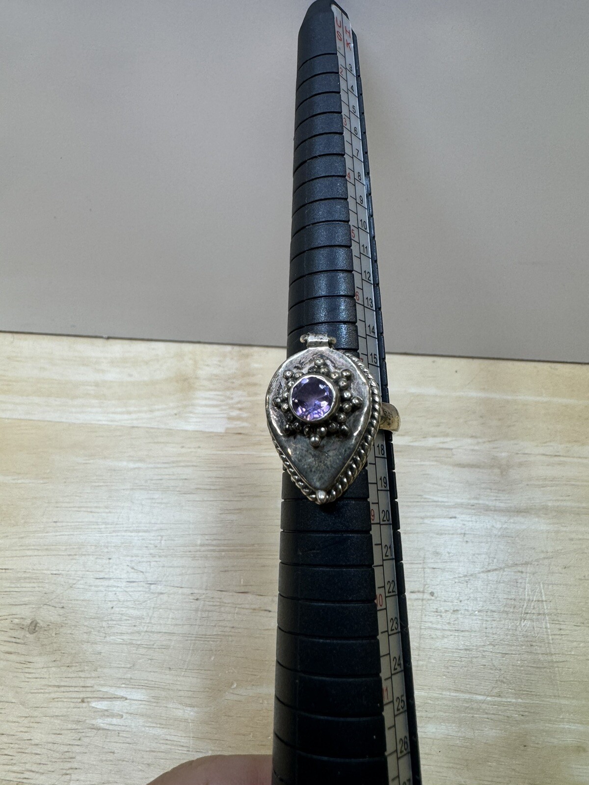 Antique Silver Snuff pill Box Ring pot Purple Amethyst stone 925 Size 7.75