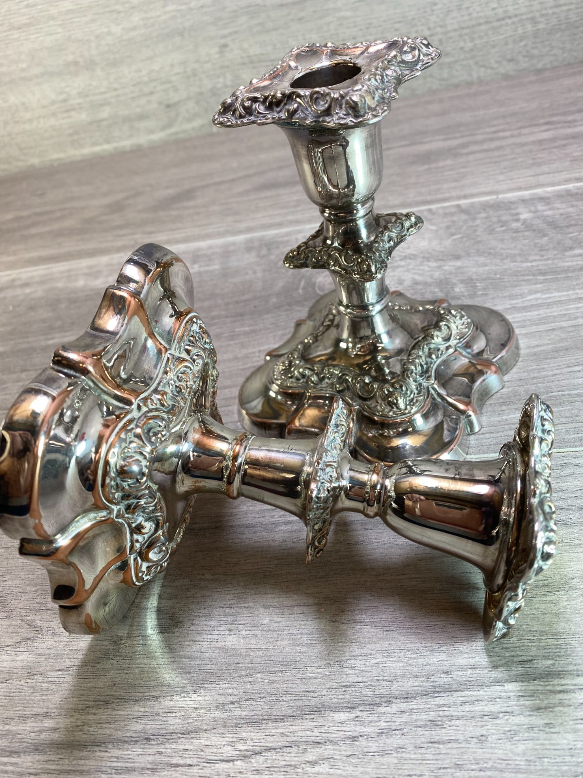 antique pair Silver Plate on copper Candlesticks stamped SL english c1900