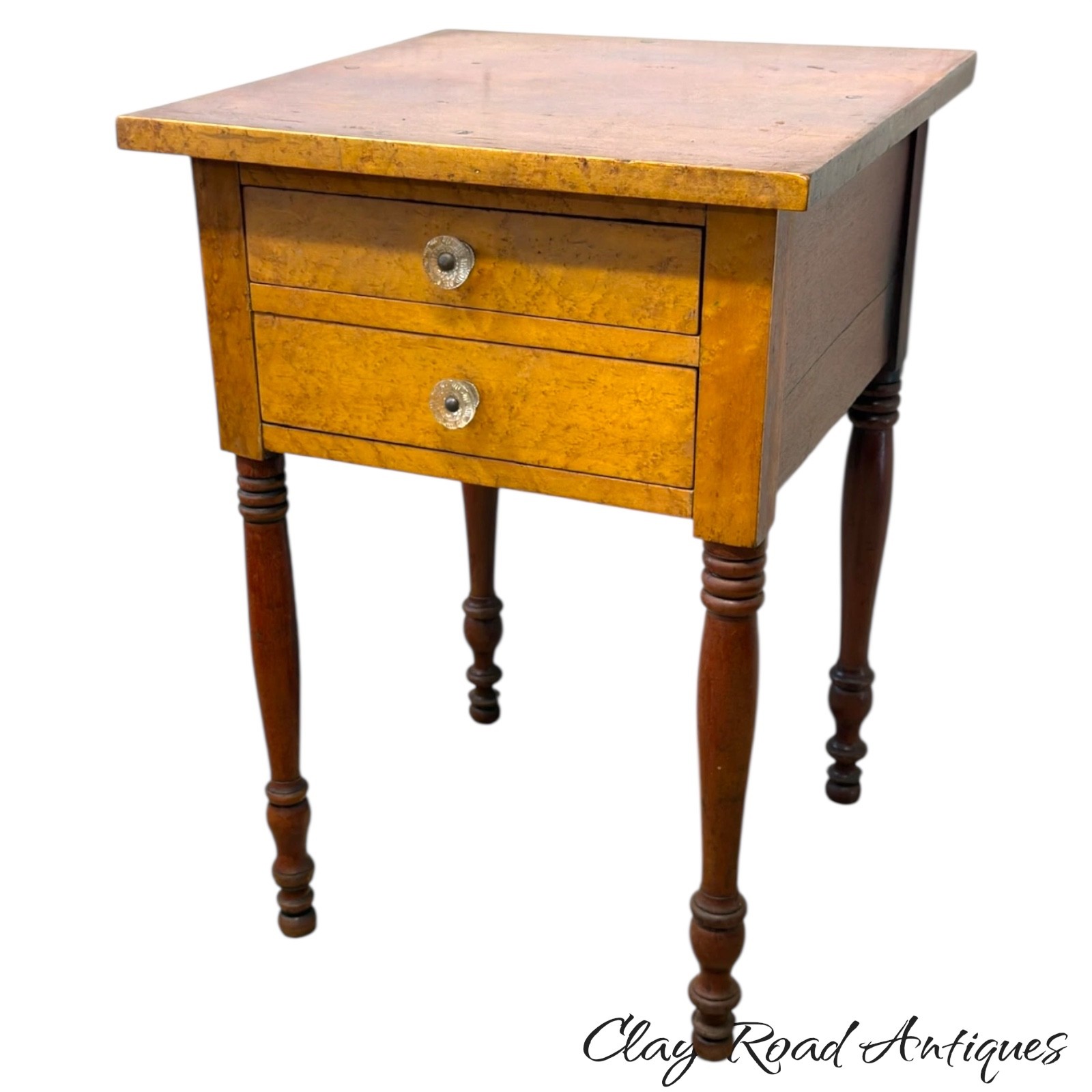 antique Birdseye maple & cherry red wash 2 drawer table stand Country Farm