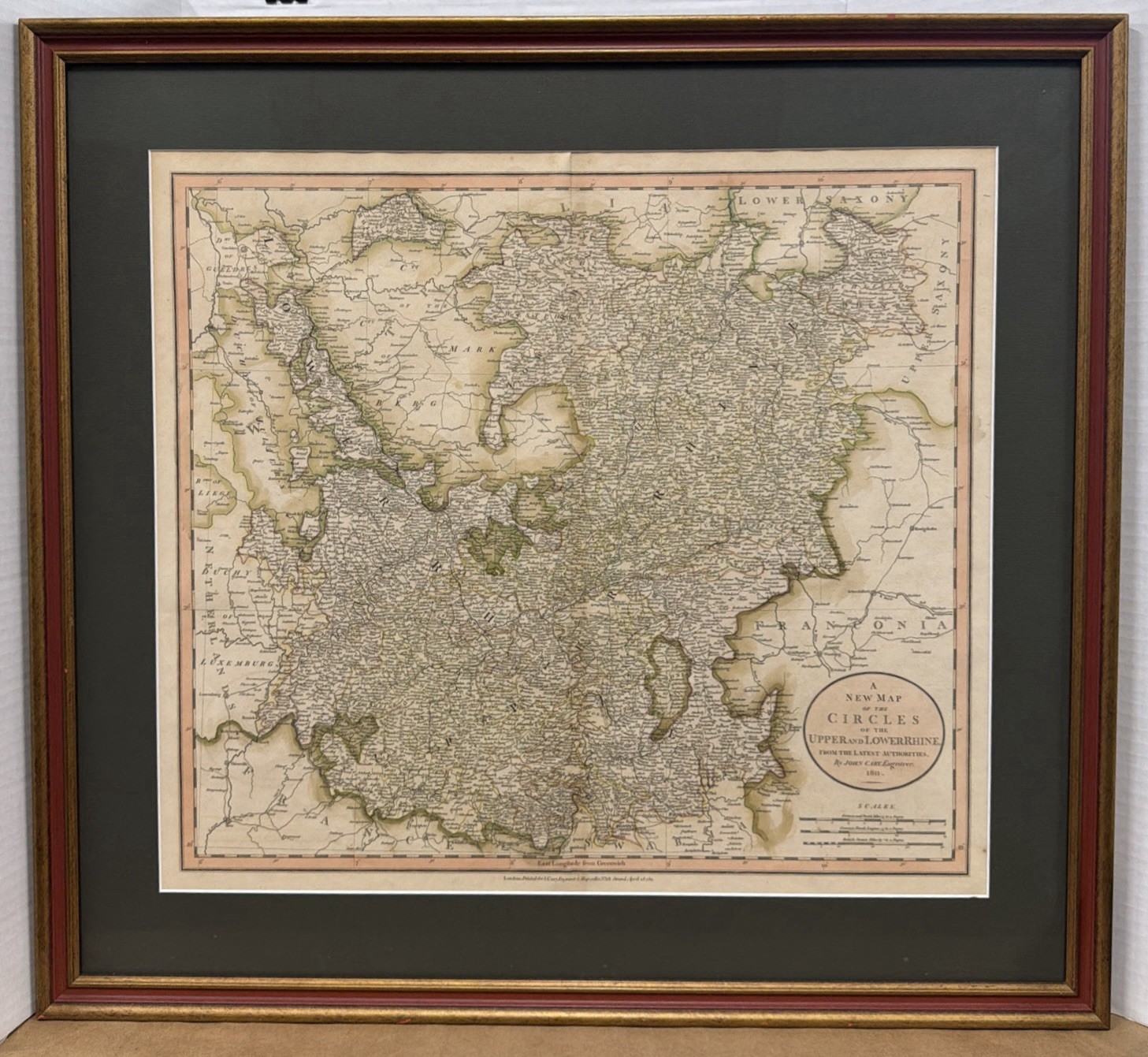 John Cary 1811 Upper & Lower Rhine Map Framed Antique Style Hand Colored