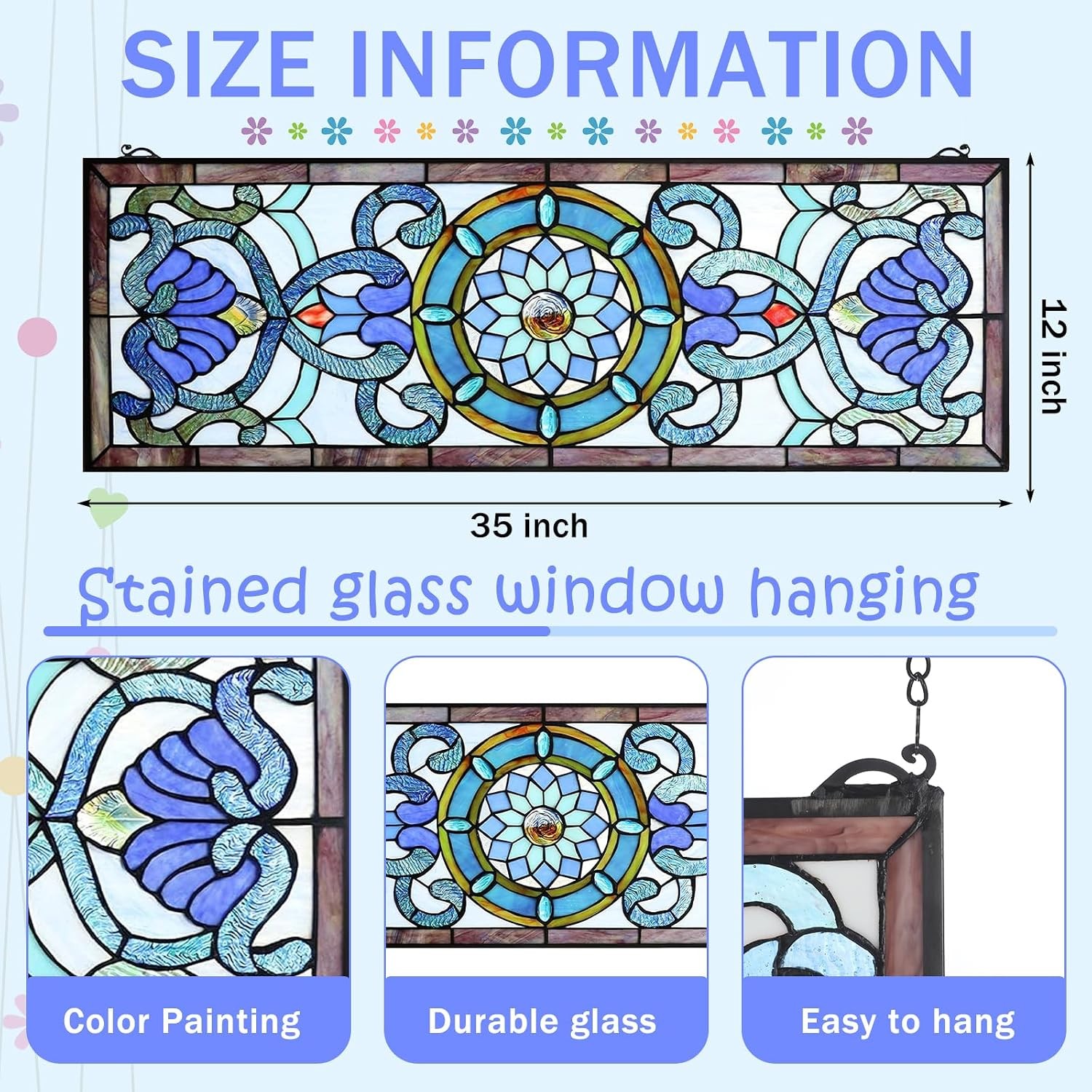 Extra Large Stained Glass Window Panels 35×12 Blue Victorian Style Kit with