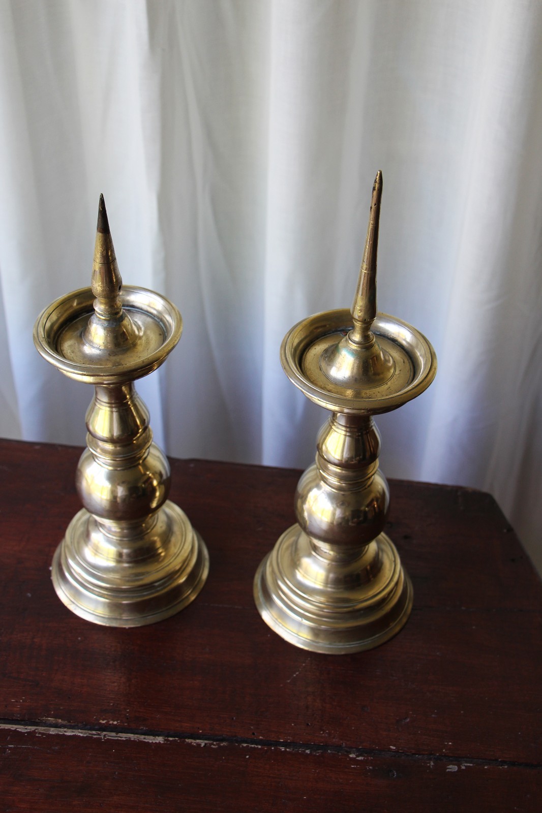 Antique Pair of Italian Brass Pique-Cierges (Pricket Candlesticks), Florence