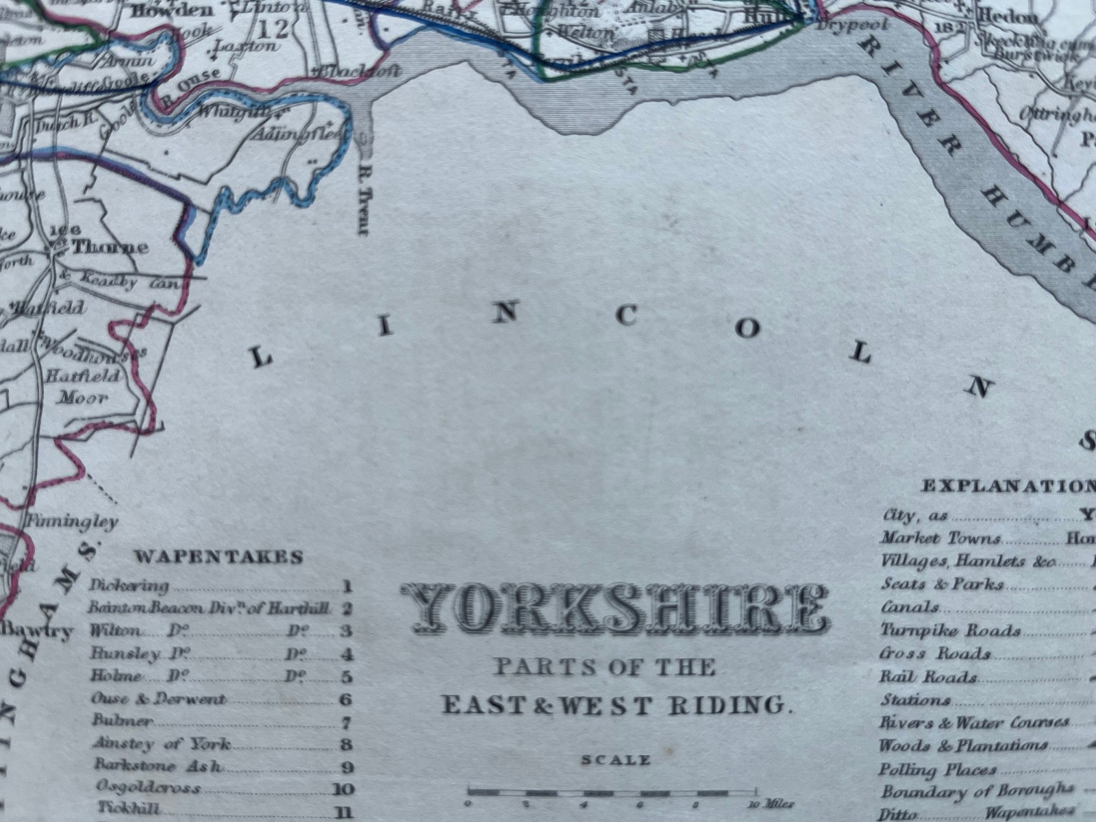 Antique hand coloured county map Yorkshire East West Riding 1860 N229
