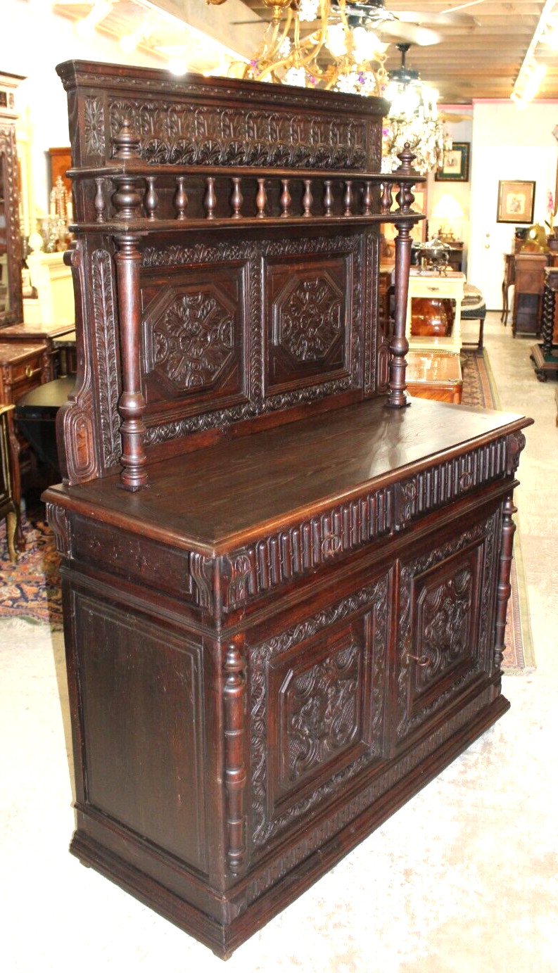 French Antique Renaissance Dark Oak Wood Buffet / Sideboard /Server Circa 1820