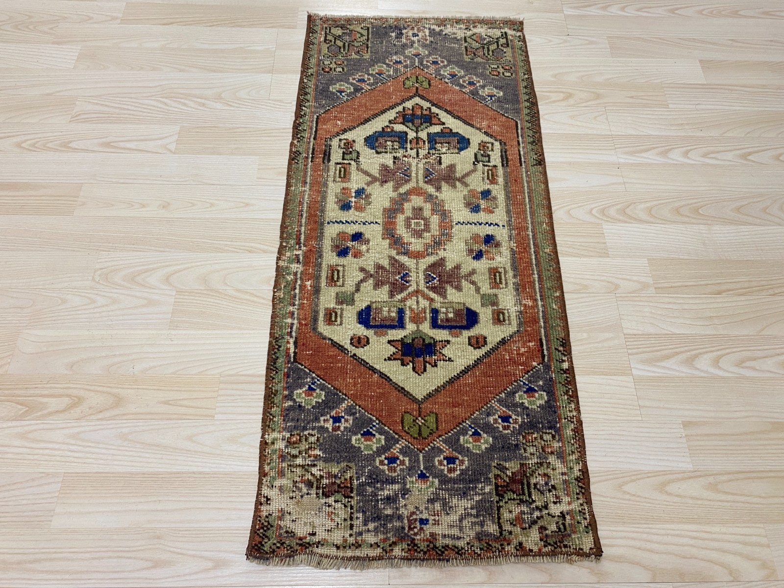 Vintage Anatolian Rug 1.4×3.2 ft Antique Terracotta Small Decor Wool Rug Mat