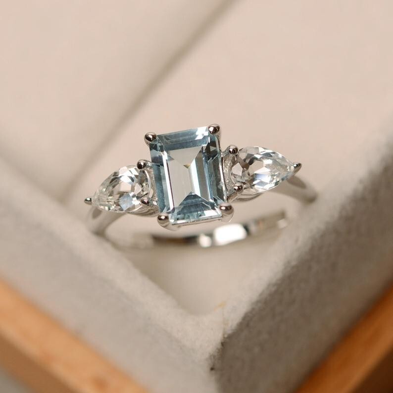 3.00 Ct Natural Aqumarine Diamond Engagement Wedding Ring 14K White Gold Size 5