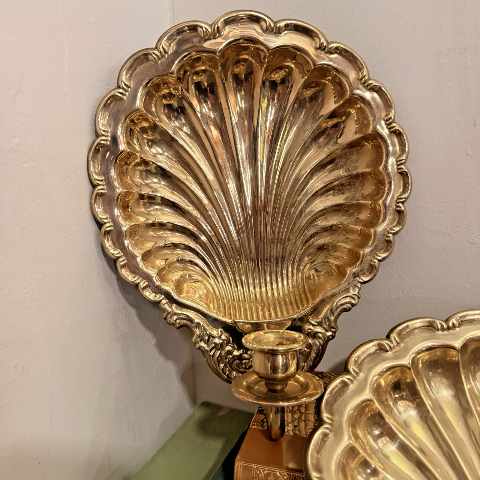 Pair Large Brass Shell Wall Sconces | Rococo Revival | Hollywood Regency