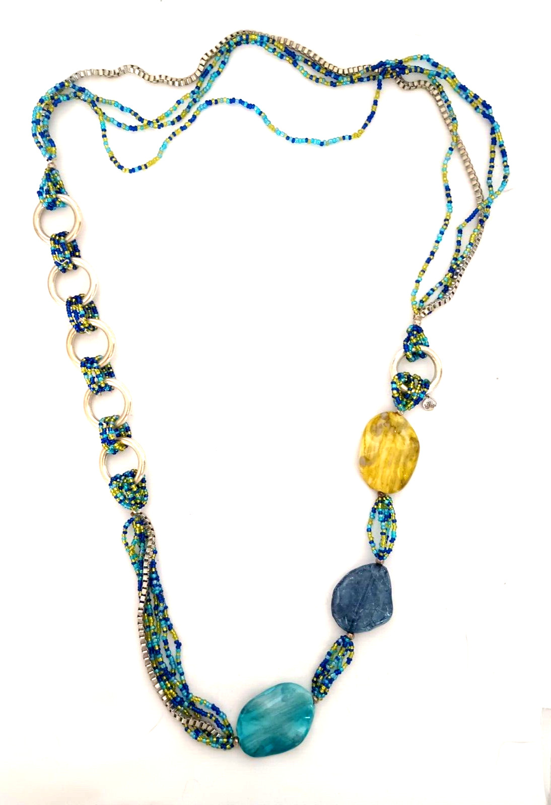 Vintage Jonette Boho Statement Necklace Multicolor Acrylic Beads & Silvetone