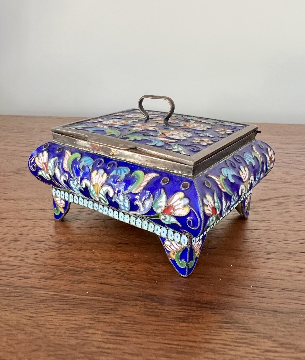 Antique 19th C Russian Solid 84 Silver Multi Color Enamel Floral Lidded Box 114g