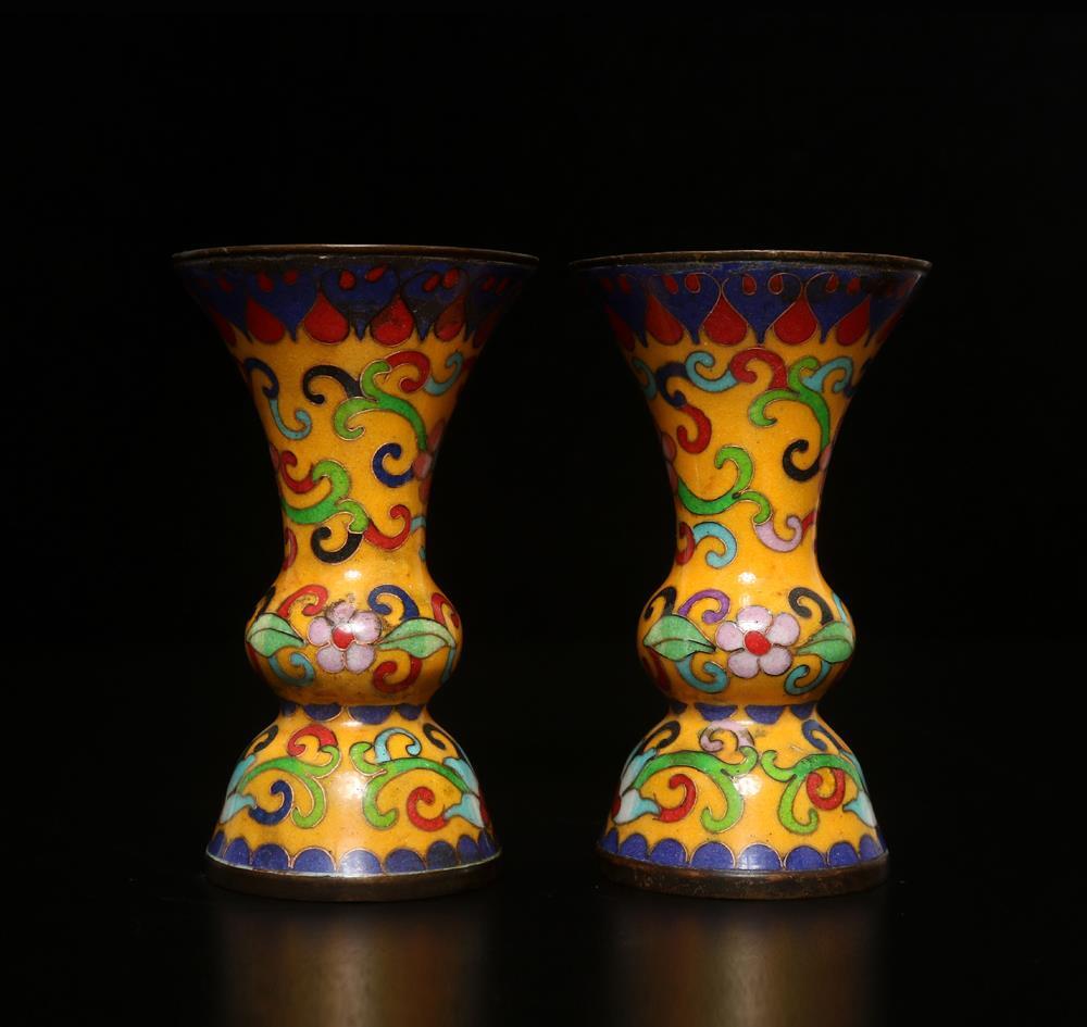 Pair Old Chinese Bronze Cloisonne Enamel Vase w/flower