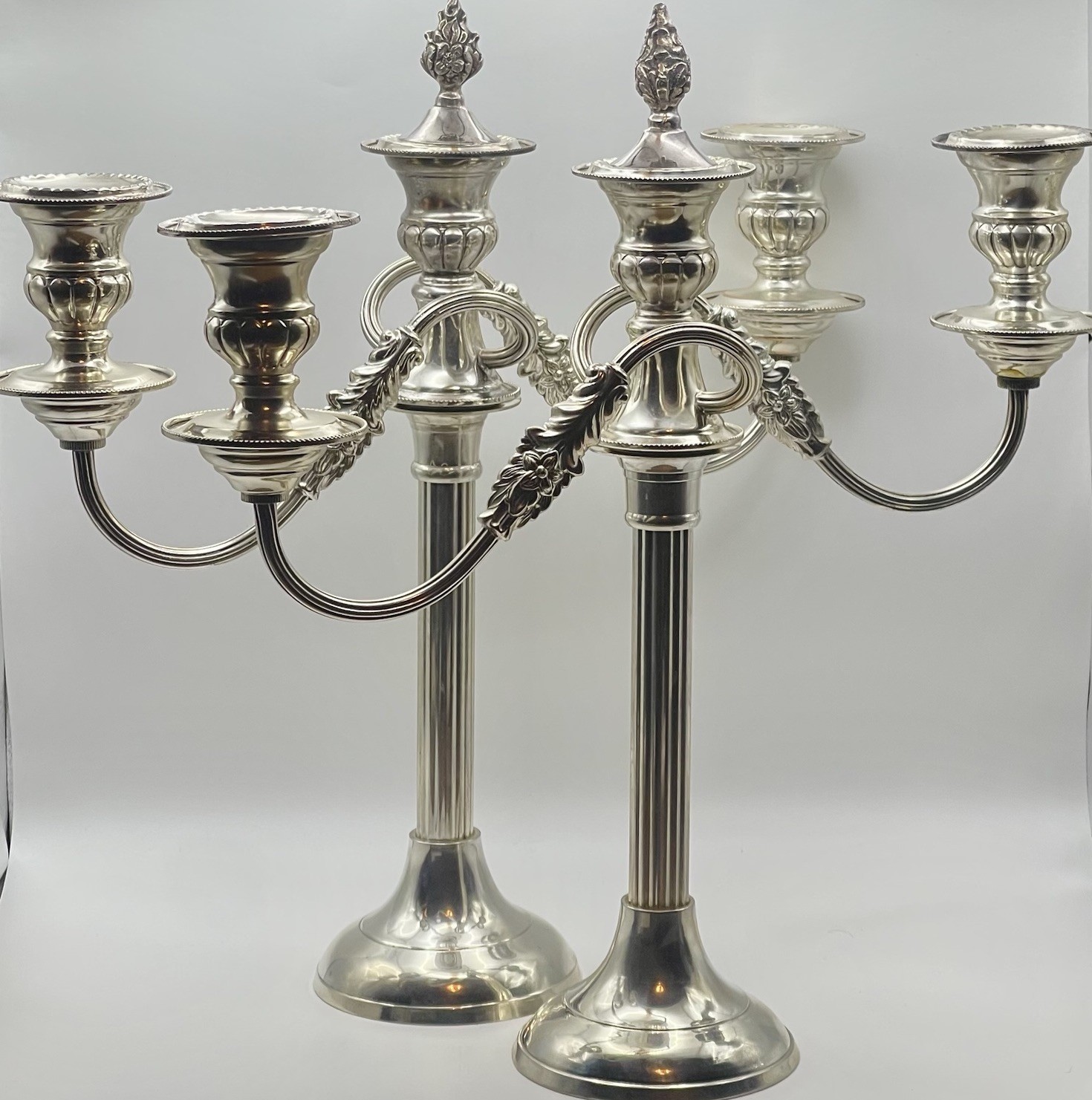 International Silver 3 Arm Convertible Candelabras w/Caps Marriage Pieces Pair